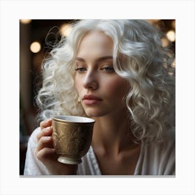 Beautiful Woman With Curly Hair Drinking Coffee Canvas Print