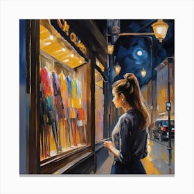 Photo Beautiful Young Woman Looking At The Shop Window At Night 2 Canvas Print