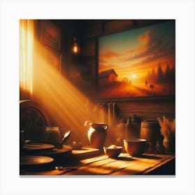 The setting sun casts a warm glow over a rustic kitchen. A wooden table is set with a variety of pottery, including a large jug, a bowl, and several smaller cups. The walls are adorned with a painting of a rural landscape and a collection of antique farm tools. The scene is one of peace and tranquility, and the viewer is invited to relax and enjoy the beauty of the moment. Canvas Print