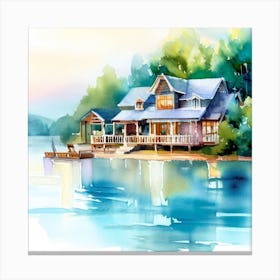 Watercolor Of A House On The Lake Canvas Print