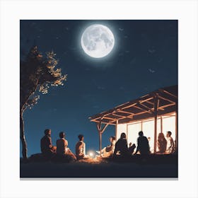 Full Moon At Night.A group of people sitting under the moonlight looking at flying lights Canvas Print