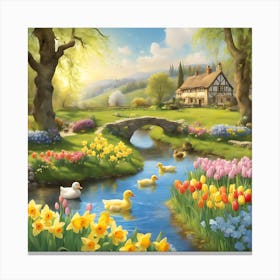 Tulips And Ducks Canvas Print