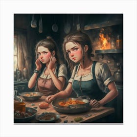 Two Girls In The Kitchen Canvas Print