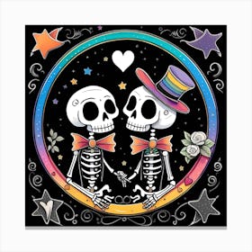 Skeleton Couple LBGTQ love whimsical minimalistic line art rainbow colors Canvas Print