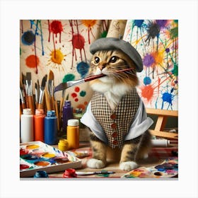 Artist Cat Wall Print Art A Creative Depiction Of A Cat As An Artist, Perfect For Blending A Love Of Cats And Art In Any Space Canvas Print