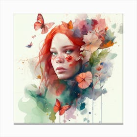 Watercolor Floral Red Hair Woman #6 Canvas Print