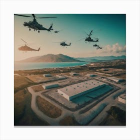 Military Helicopters Flying Over The Sea Canvas Print