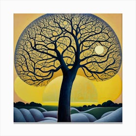 A Tree of life in front of a yellow moon. The tree is tall and thin, with bare branches. The moon is large and round, and it is casting a bright yellow light on the tree and the ground below. The painting is very simple, but it is also very effective. The artist has used a limited number of colors, but they have used them to create a very striking and atmospheric image. The contrast between the black tree and the yellow moon is very stark, and it creates a sense of drama and tension. The painting is also very well-composed. The tree is placed in the center of the image, and the moon is placed in the background. This creates a sense of balance and harmony. Overall, I think the painting is a very beautiful and effective work of art. It is also a very good example of how to use a limited number of colors to create a striking and atmospheric image. Here are some additional observations I can make about the painting: The tree is bare, which suggests that the painting is set in the winter. The moon is full, which suggests that the painting is set at night. The sky is black, which suggests that the night is clear and starlit. The ground is covered in snow, which suggests that the painting is set in a cold climate. The painting has a very somber and melancholic mood. This is conveyed by the use of dark colors, the bare tree, and the cold, winter setting. The painting may be about the loneliness and isolation of winter, or it may be about something more general, such as the ephemeral nature of life 1 Canvas Print