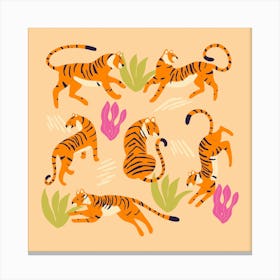 Tigers On Beige With Tropical Leaves Square Canvas Print