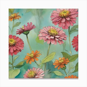 Zinnias flower plants painting art print Canvas Print