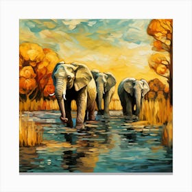 Elephants In The Water Canvas Print