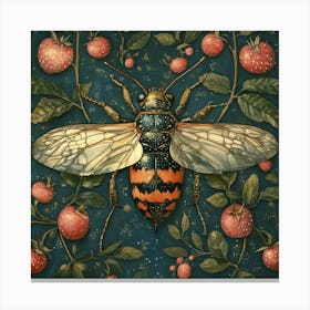 Bee On Strawberry Art Canvas Print