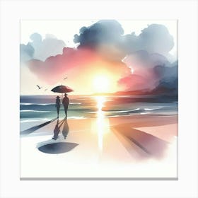 Couple Walking On The Beach At Sunset Canvas Print