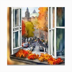 Autumn View From The Window Window View Of Dublin Ireland In Autumn Fall, Watercolor Art Print Canvas Print
