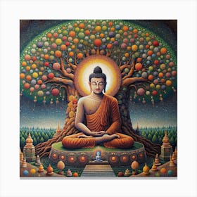 "Enlightened Repose" - This art piece embodies the profound stillness and enlightenment of the Buddha. Seated under a vibrant tree of life bursting with colorful spheres, the Buddha meditates, radiating peace and wisdom. The tree's abundant fruits signify the potential for spiritual nourishment and growth, while the luminous aura highlights the state of awakening. Below, a pathway leads to the enlightened one, inviting viewers on a journey of introspection and discovery. This detailed mosaic of meditation, set against a backdrop of intricate patterns and ancient stupas, is ideal for those seeking inspiration or a serene focal point for reflection in their space. "Enlightened Repose" is not just a painting; it's a portal to inner peace and spiritual richness. Canvas Print