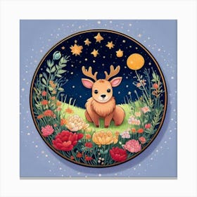 Firefly Charming, Cute, Reindeer, Baby, Winter, Meadow, Starry, Night, Round, Background, Peonies, S (1) Canvas Print