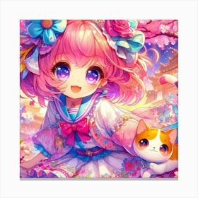 Anime Girl With Cat 4 Canvas Print