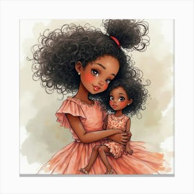 African American Girl And Baby Doll Stampe su tela