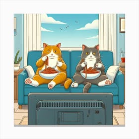 Two Cats Are Sitting On A Couch, Eating Spaghetti And Watching Tv Canvas Print