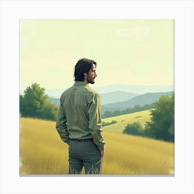 Keanu Reeves In A Soft Watercolor Scene With Rolling Hills And Trees Canvas Print