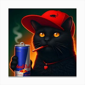 A Black Cat With A Red Hat Drinking A Red Bull Energy Drink 5 Stampe su tela