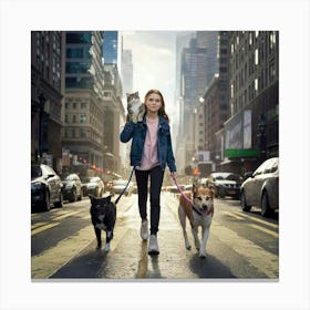 Portrait Of A Girl Walking Dogs Canvas Print