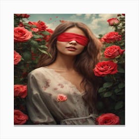 Blindfolded Woman In Red Roses Canvas Print