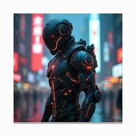 A Futuristic Cybernetic Warrior With Glowing Armor In A Neon Lit City Canvas Print