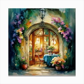 Quiet and attractive dining nook, overgrown flowers, high quality, detailed, highly 3D, elegant carved cart, 5 Canvas Print