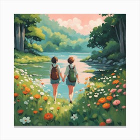 Couple Walking By A River Canvas Print