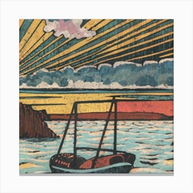Oil painting of a boat in a body of water, woodcut, inspired by Gustav Baumann 1 Canvas Print