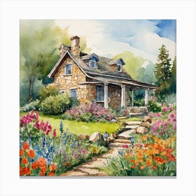 Watercolor painting of a stone cottage In the flower garden Canvas Print