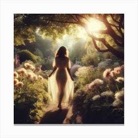 Woman In A Garden - Into the Garden: A woman in a flowing dress walking through a lush garden, with sunlight filtering through the trees and flowers blooming all around her. Canvas Print