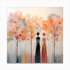 Enchanted Dreams: Pastel Harmony with Golden Trees and Abstract Goddesses Canvas Print