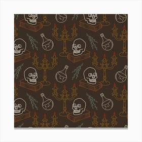 Seamless Pattern With Skulls And Candles on Brown Canvas Print