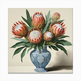 Proteas In A Blue And White Vase Canvas Print