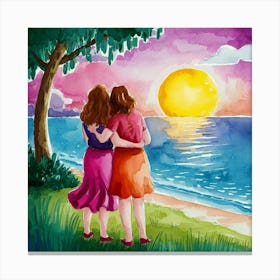 Two Women Hugging At Sunset Canvas Print