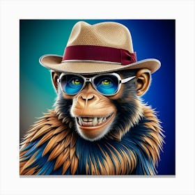 A Dazzling, High Contrast Illustration Of A Monkey Donning A Vintage Inspired, Curved Brim Fedora Hat With A Crimson Band And A Pair Of Sleek, Silver Rimmed, Oversized Sunglasses (3) Canvas Print