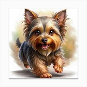 A Small Yorkshire Terrier Dog With Brown And Black Fur, Looking At The Camera With Its Mouth Open, In A Running Pose Canvas Print