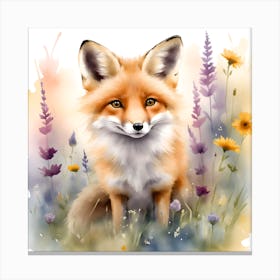 A Watercolor Artwork Showcasing A Cute Fox Kit Frolicking In A Sunlit Meadow Filled With Watercolor Wildflowers Canvas Print