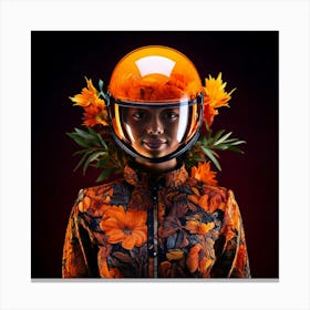 Firefly Striking Portrait, Futuristic Helmet, Glowing Plant, Vibrant, Bright Orange, Dark Background (9) Canvas Print