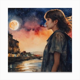 Girl Looking At The Moon Canvas Print