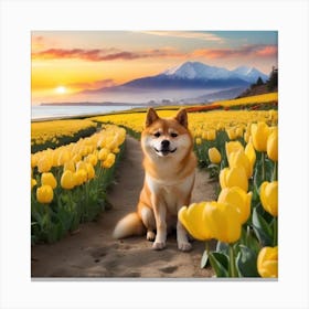 Shiba Inu in Yellow Tulips Garden Canvas Print
