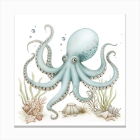 Storybook Style Octopus On The Ocean Floor With Aqua Marine Plants 2 Canvas Print