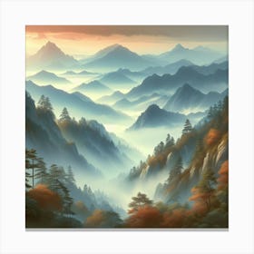 "A serene and misty mountain landscape."Wall poster2 Canvas Print