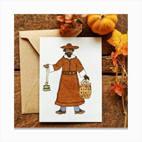 A Seasonal Autumn Greeting Card Joyfully Featuring A Cheerful Pilgrim Adorned In The Traditional Br (4) 1 Canvas Print