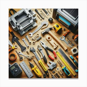 A flat lay shot of a variety of tools and hardware on a wooden surface. Canvas Print