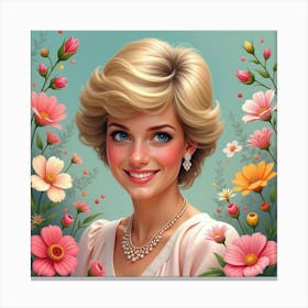 Princess Diana Smiling In Soft Pastels, Surrounded By Colorful Floral Blooms Canvas Print