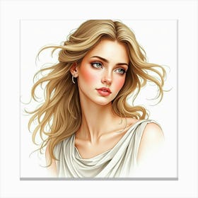 A Watercolor Portrait Of A Beautiful Greek Woman With Flowing Hair And A Serene Expression 1 Canvas Print