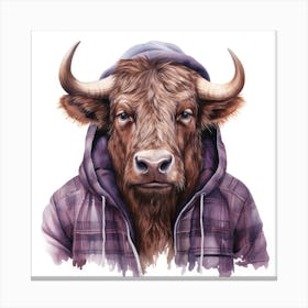 Watercolour Cartoon Buffalo In A Hoodie 2 Canvas Print